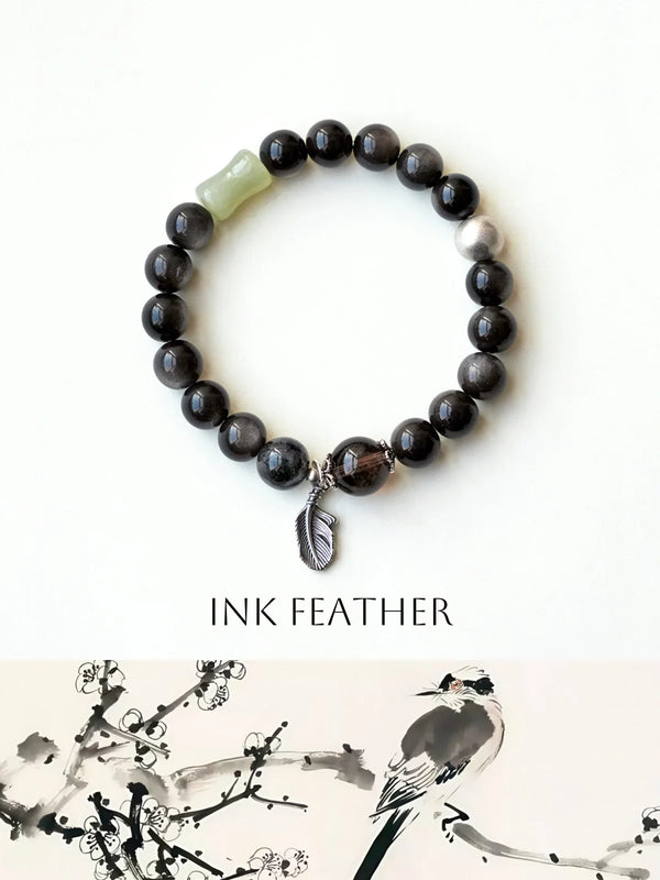 Ink Feather Silver Obsidian Bracelet