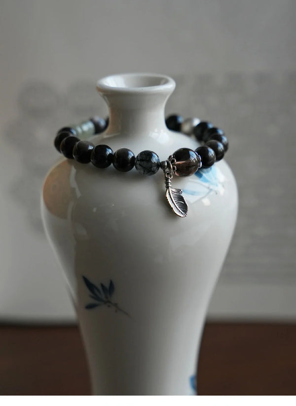 Ink Feather Silver Obsidian Bracelet