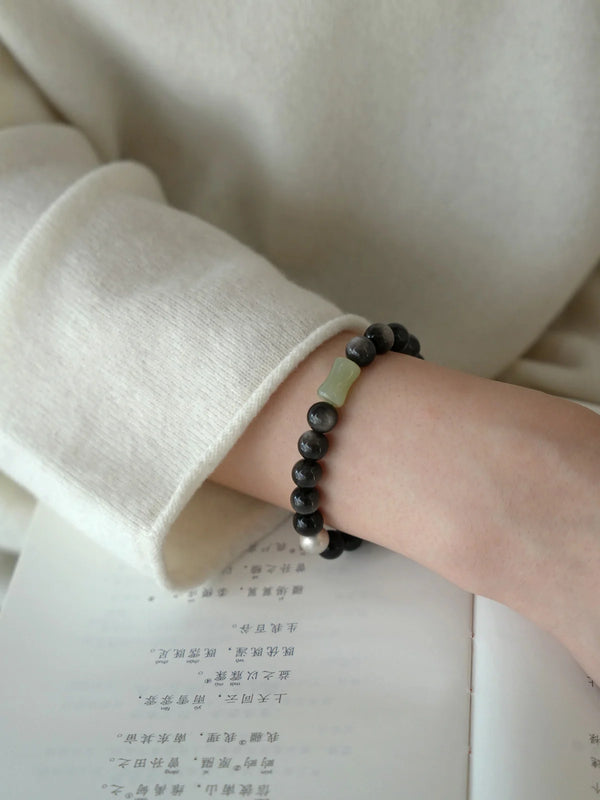 Ink Feather Silver Obsidian Bracelet