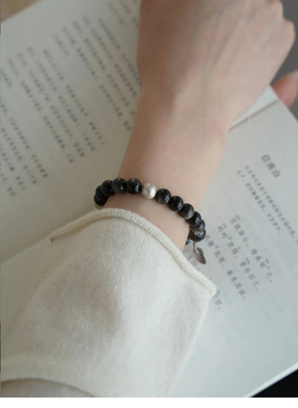 Ink Feather Silver Obsidian Bracelet
